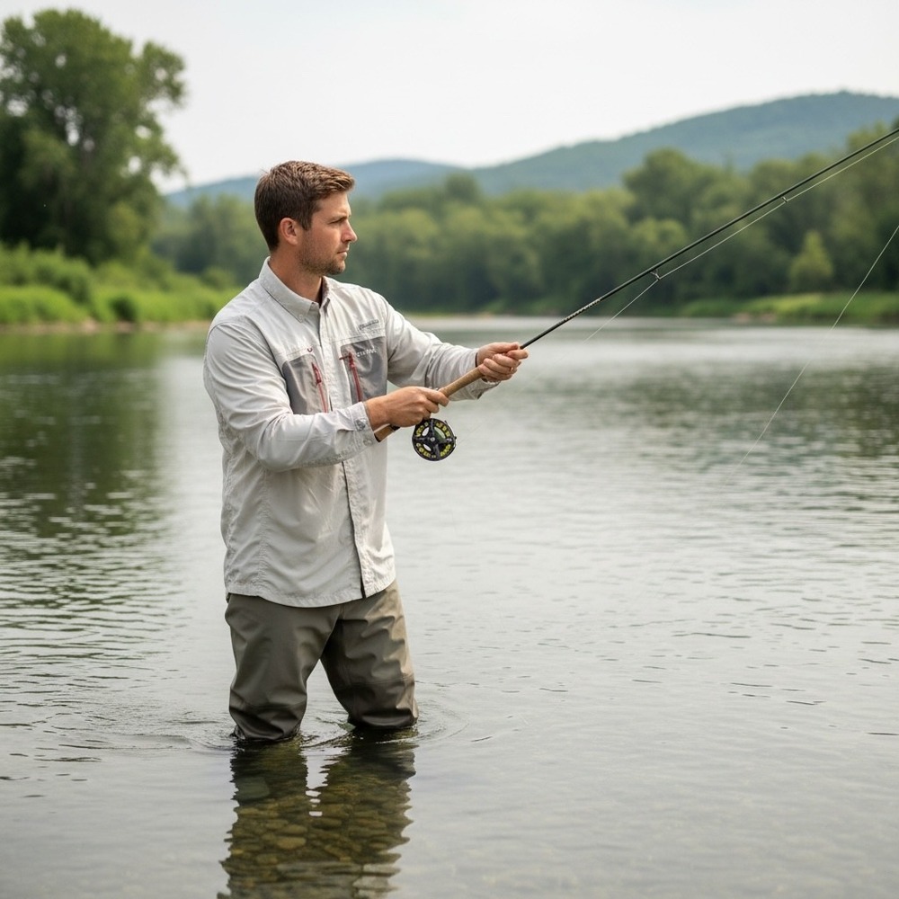 Simms Mens Guide Fishing Shirt Long Sleeve Ventilated Button Up Grey Tan med
